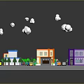 Colorful Cartoon Town Scene With Basketball Court Buildings Roads Cars Trees And Clouds