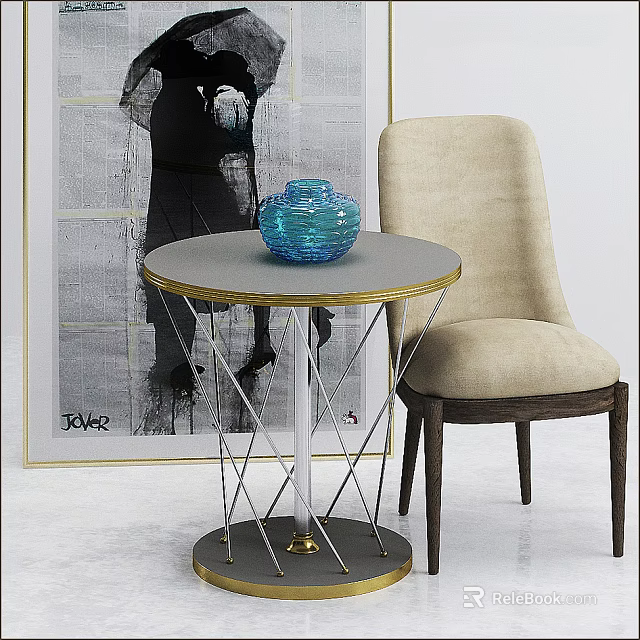 Beige Single Sofa With Round Side Table Blue Vase And Black White Painting 3d model 