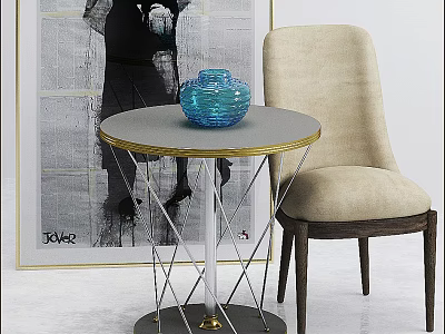 Beige Single Sofa With Round Side Table Blue Vase And Black White Painting 3d model