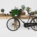 Vibrant Bonsai Potted Plants Placed On Wooden Table With Black Bicycle And Wooden Crates