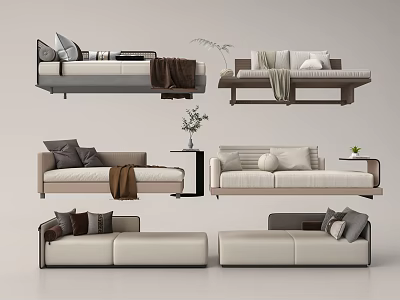Modern Chaise Lounge Interior Design With Beige Gray Fabric Throw Pillows And Blankets 3d model