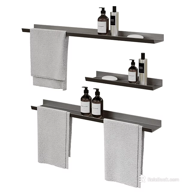 Modern Bathroom Essentials With Gray Towels Metal Shelves And Liquid Soap Bottles 3d model 