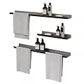 Modern Bathroom Essentials With Gray Towels Metal Shelves And Liquid Soap Bottles