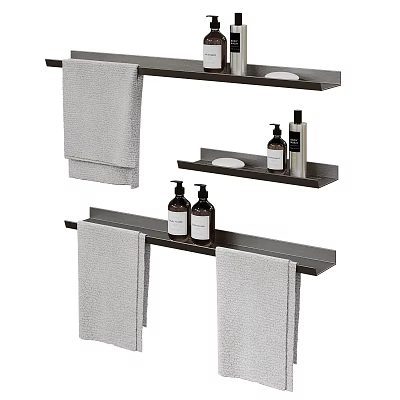 Modern Bathroom Essentials With Gray Towels Metal Shelves And Liquid Soap Bottles 3d model