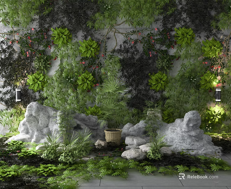 Small Garden Decor With Lush Green Plant Wall Rocks Stones And Wicker Basket 3d model 