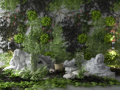 Small Garden Decor With Lush Green Plant Wall Rocks Stones And Wicker Basket 3d model