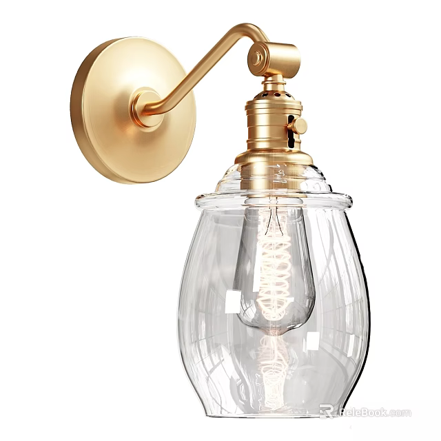 Brass Wall Sconce with Transparent Glass Shade and Coiled Bulb Design 3d model 
