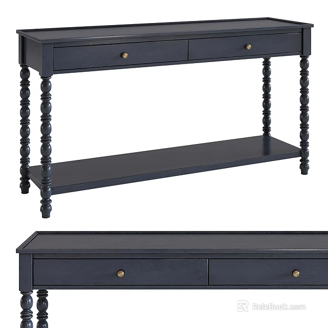 Navy Blue Console Table With Drawers Decorative Turned Legs And Lower Shelf 3d model 