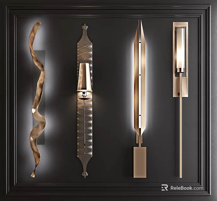 Modern Metallic Wall Lamps With Various Designs On Black Wall 3d model 