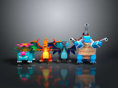 Colorful Block Style Game and Movie Characters Featuring Dragons Robots and Unique 3D Designs 3d model