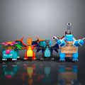 Colorful Block Style Game and Movie Characters Featuring Dragons Robots and Unique 3D Designs
