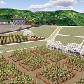 Well Designed Garden Landscape With Neat Planting Beds Greenhouse Wooden Fences And Terrace Layout