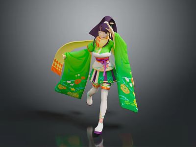 Woman in green kimono with floral patterns dancing with flowing sash and hat 3d model