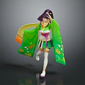 Woman in green kimono with floral patterns dancing with flowing sash and hat