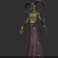 Mythical Demon Creature with Curved Horns Green Skin Sharp Teeth Tattoos Purple Pants and Claws