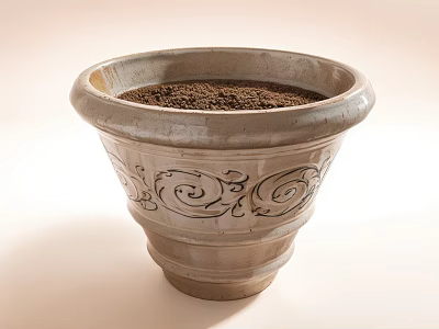 Light Colored Ceramic Planter With Carved Patterns And Soil Inside 3d model