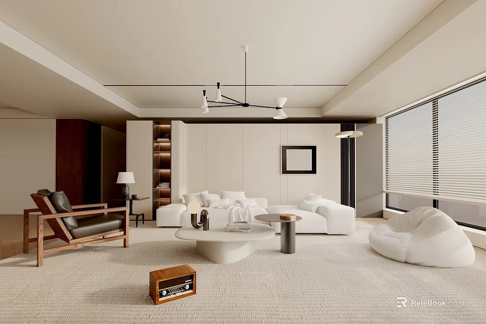Modern Living Room Interior With White Sofa Wooden Armchair And Area Rug 3d model 