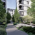 Serene Residential Landscape With Lush Trees Garden Pathway And Relaxation Area