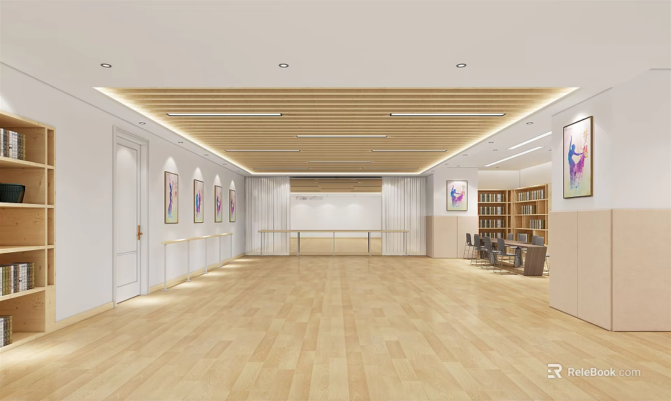 Spacious Fitness Studio Interior With Wooden Flooring White Walls Colorful Paintings And Ceiling Lighting 3d model 