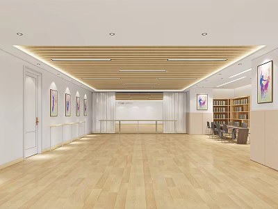 Spacious Fitness Studio Interior With Wooden Flooring White Walls Colorful Paintings And Ceiling Lighting 3d model