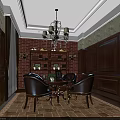 Elegant Leisure Area Interior Featuring Wooden Walls Brick Wall Chandelier Bookshelf and Table Chairs