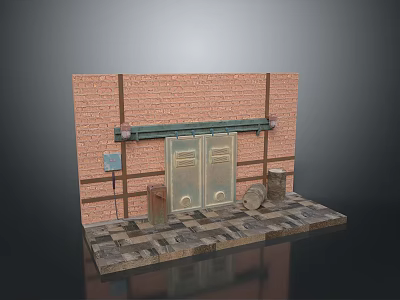 Rustic Double Doors in Brick Wall Setting With Barrels Boxes and Stone Paved Ground 3d model