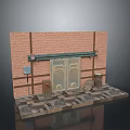 Rustic Double Doors in Brick Wall Setting With Barrels Boxes and Stone Paved Ground 3d model