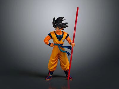 Dragon Ball Anime Character Goku in Orange Blue Outfit with Black Hair and Red Staff 3d model