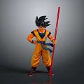 Dragon Ball Anime Character Goku in Orange Blue Outfit with Black Hair and Red Staff