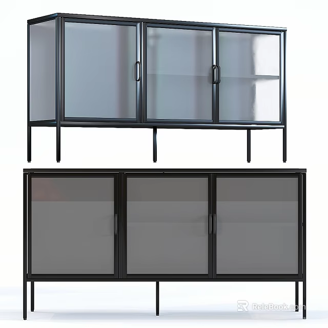 Modern Sideboard Cabinet With Glass Doors Black Frame And Metal Legs 3d model 