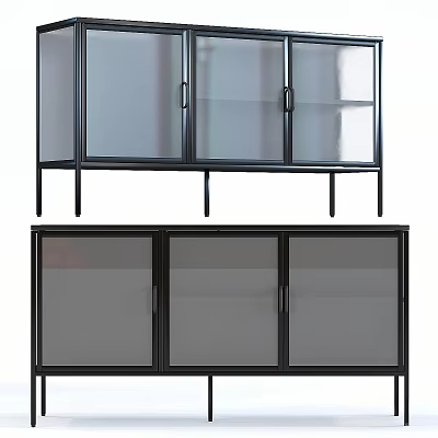 Modern Sideboard Cabinet With Glass Doors Black Frame And Metal Legs 3d model