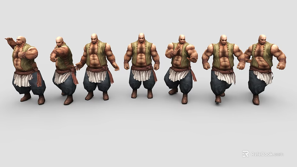 Muscular Game Character 3D Models With Green Vest And Different Action Poses 3d model