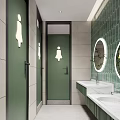 Public Restroom Design with Green Stall Doors White Washbasins and Round Mirrors