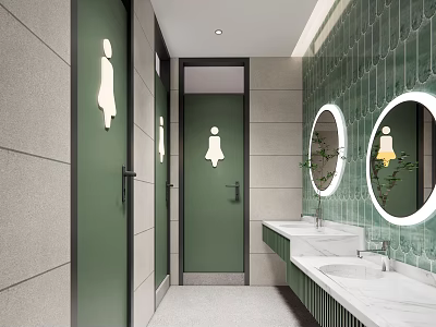Public Restroom Design with Green Stall Doors White Washbasins and Round Mirrors 3d model