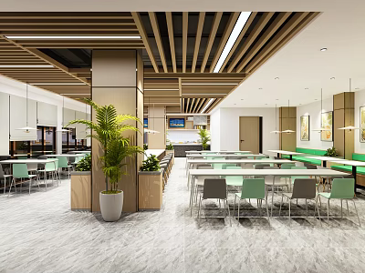 Modern Dining Space With Green Plants Tables Chairs And Ceiling Design 3d model