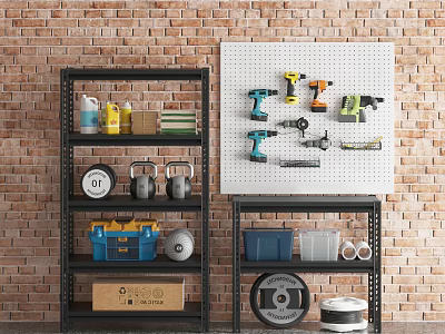 Organized Hardware Tools Display On Pegboard And Metal Shelves With Brick Wall Background 3d model