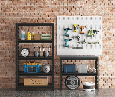 Organized Hardware Tools Display On Pegboard And Metal Shelves With Brick Wall Background 3d model