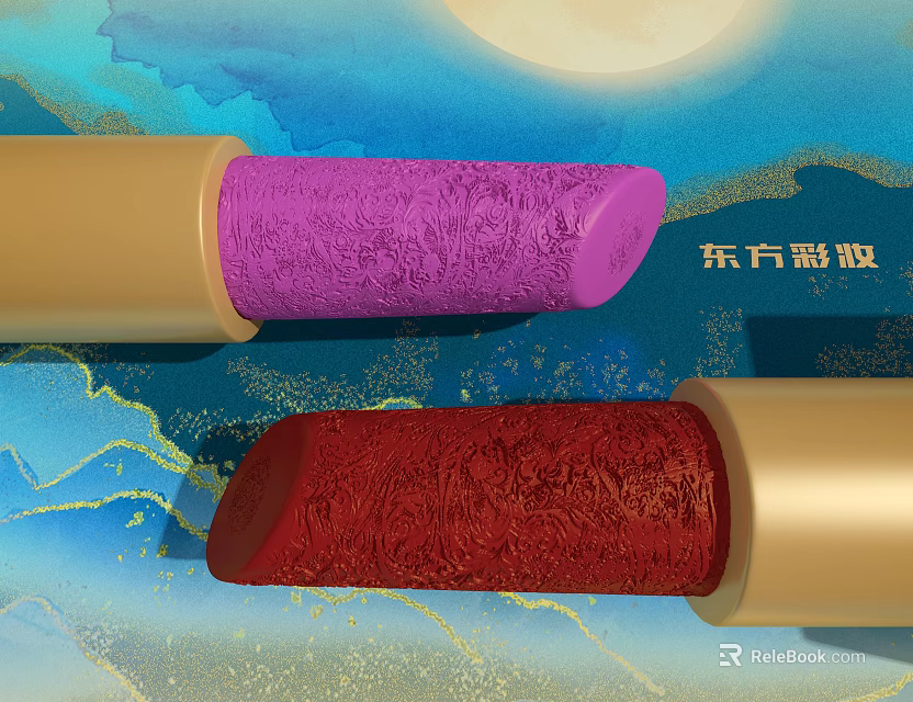Luxury Purple And Red Lipstick With Blue Gold Background And Moon Design 3d model 