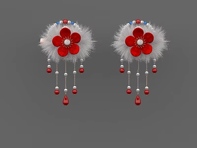 Exquisite Red Flower Earrings With White Feather And Red White Beads 3d model