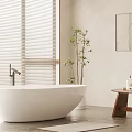 Serene Bathroom Interior With White Freestanding Bathtub Wooden Stool And Green Plant