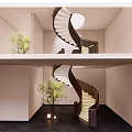 Modern Spiral Staircase Interior Design With Green Plants And Warm Lighting