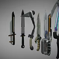 Weapons A Group of Science Fiction Weapons Combination Sword Dagger Axe Tomahawk Cyberpunk stylized low face number low model simple model film and television level 3d model