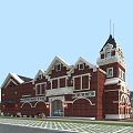 Aerial Planning of Community Area with Red Brick Buildings Parking Lot Road and Green Trees