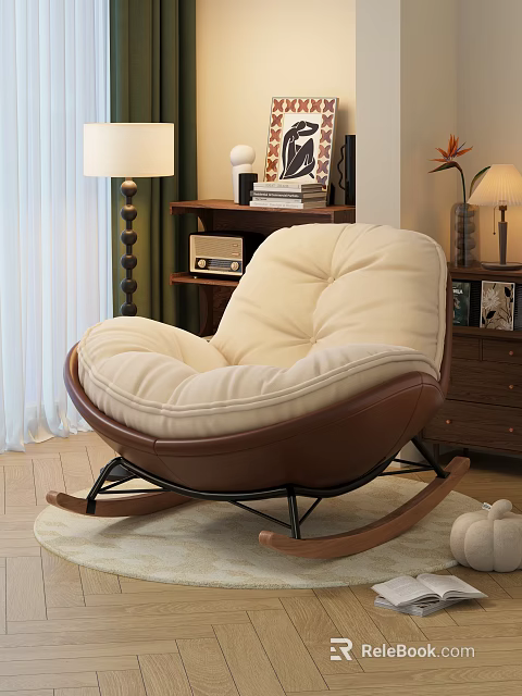 Comfortable Beige Cushioned Rocking Lounge Chair With Brown Frame In Cozy Indoor Setting 3d model 