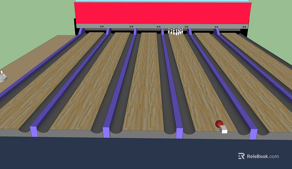 Bowling Fitness Activity On Wooden Lane With Pins And Red Ball 3d model 