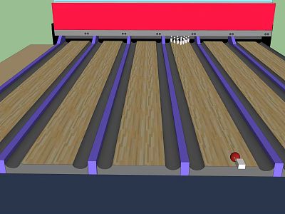 Bowling Fitness Activity On Wooden Lane With Pins And Red Ball 3d model