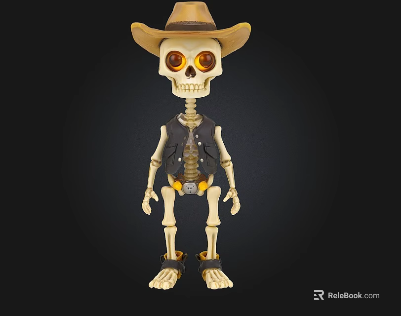Playful Skeleton Game Movie Character Wearing Cowboy Hat Black Vest And Leg Guards 3d model 