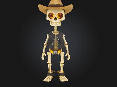 Playful Skeleton Game Movie Character Wearing Cowboy Hat Black Vest And Leg Guards 3d model