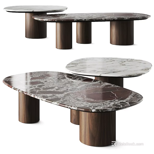 Elegant Modern Coffee Table with Marble Surface and Wooden Cylindrical Legs Design 3d model 