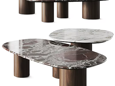 Elegant Modern Coffee Table with Marble Surface and Wooden Cylindrical Legs Design 3d model